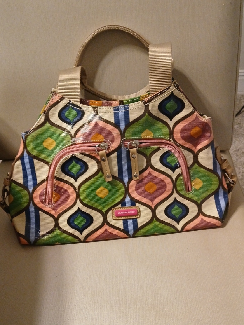 Franco Sarto Multicolor Patterned Tote - Green, Pink, Blue, Yellow, Cream